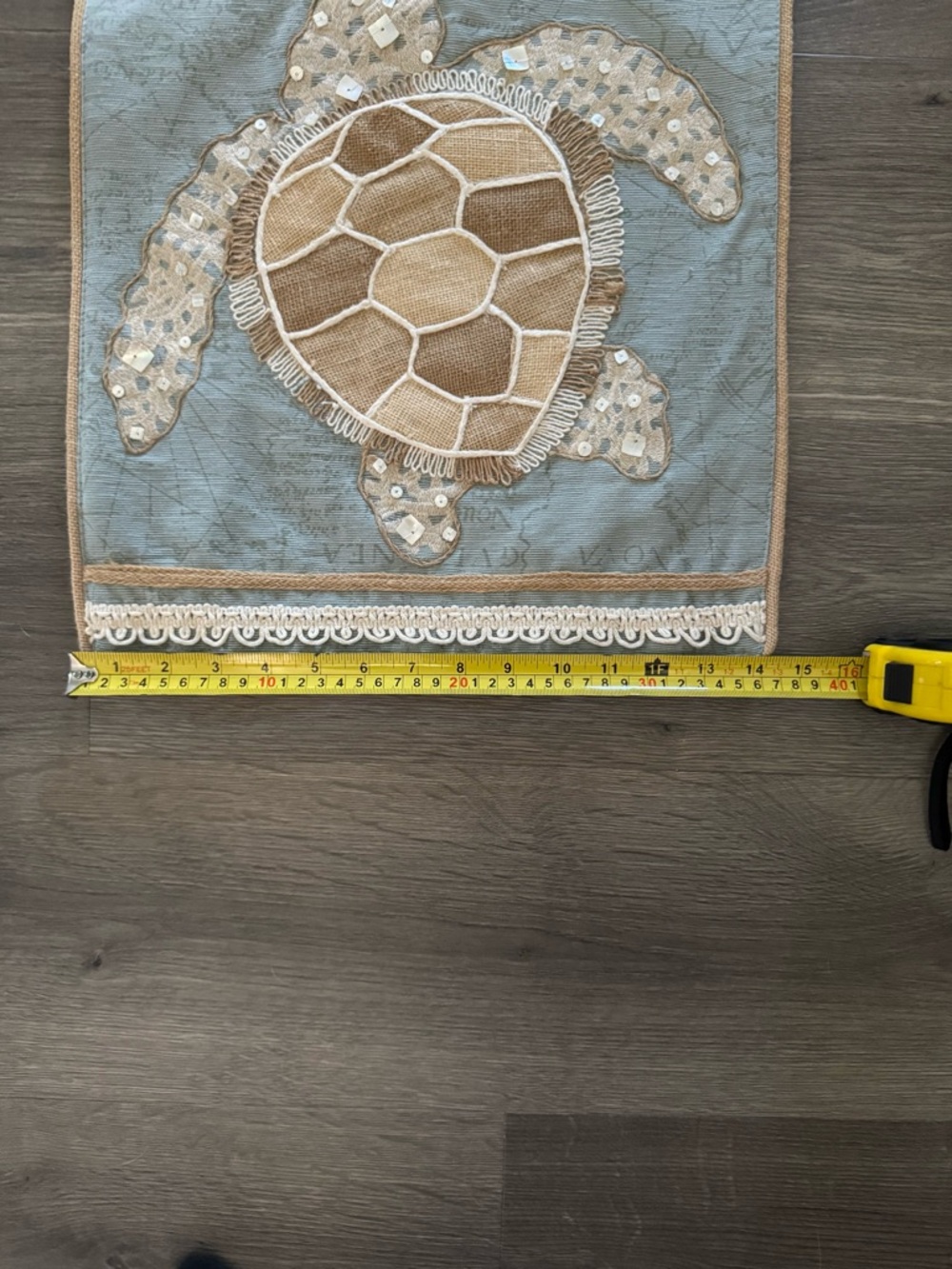 Pier 1 Aqua Blue Table Runner with Beaded Sea Turtle Natural Burlap Trim - Picture 8 of 9